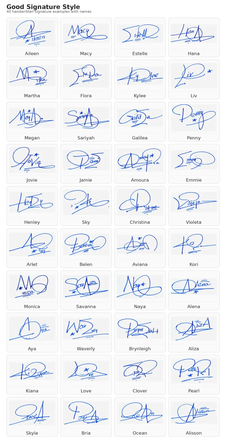 40 handwritten signature examples in a portrait grid collage with names under each signature