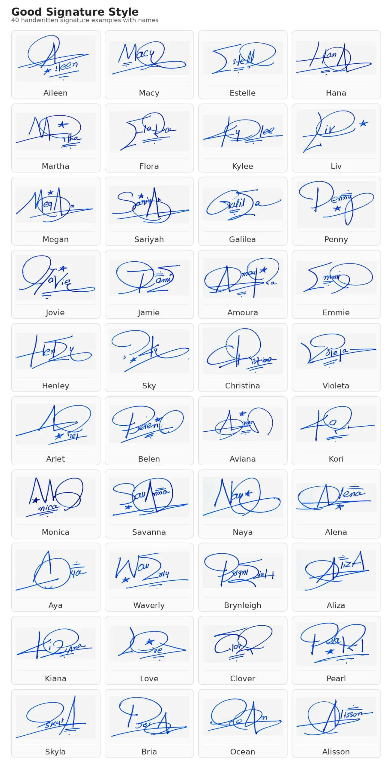 Portrait grid collage with 13 handwritten signature examples for Aileen, Macy, Estelle, Hana, Martha and more names
