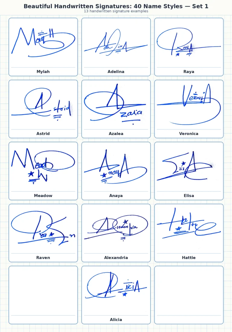 Portrait grid collage with 13 handwritten signature examples for Mylah, Adelina, Raya, Astrid, Azalea and more names