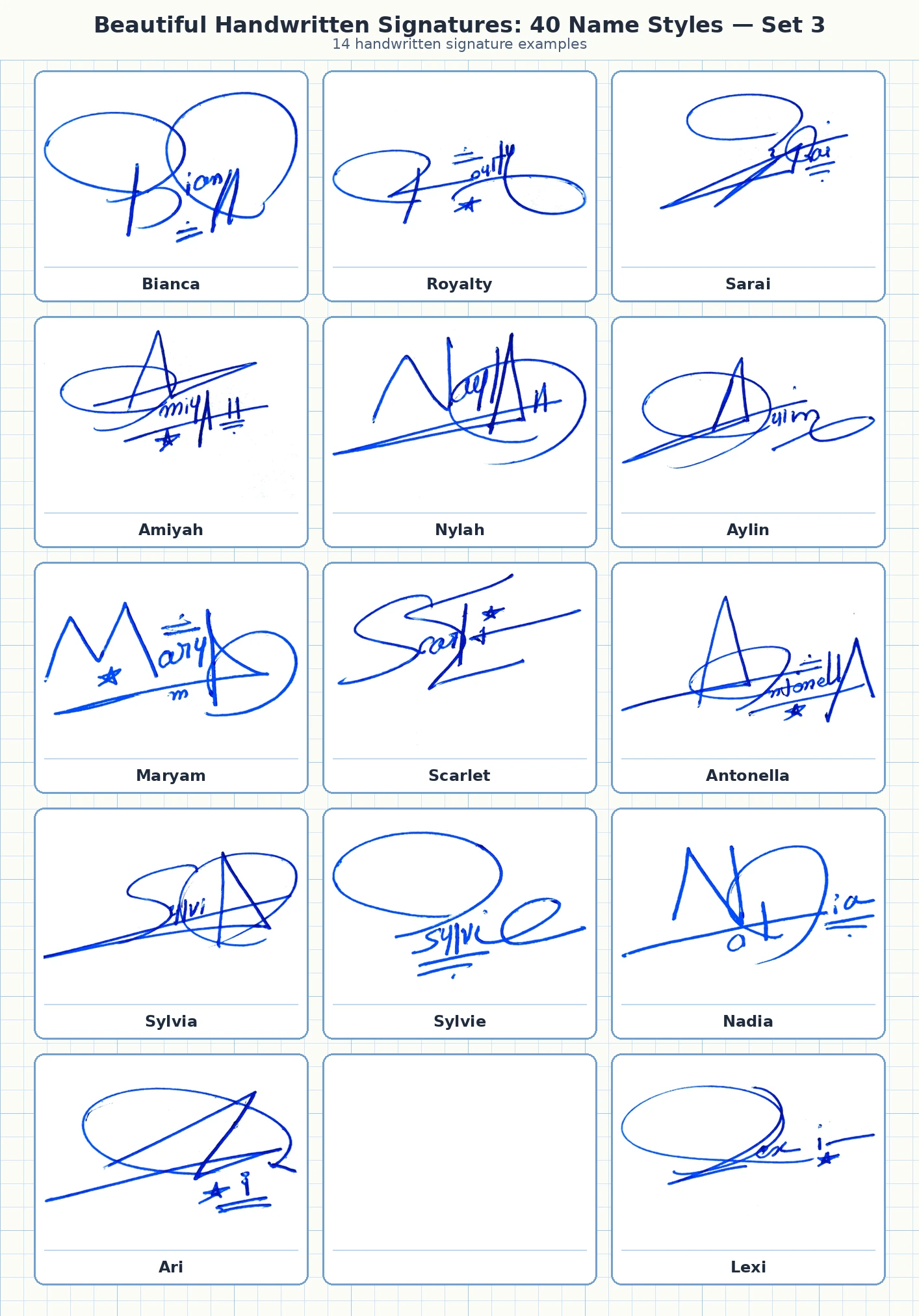 14 handwritten signature examples for Bianca, Royalty, Sarai, Amiyah and more names
