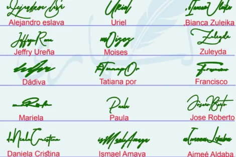 Collage of 21 handwritten name signature examples in green