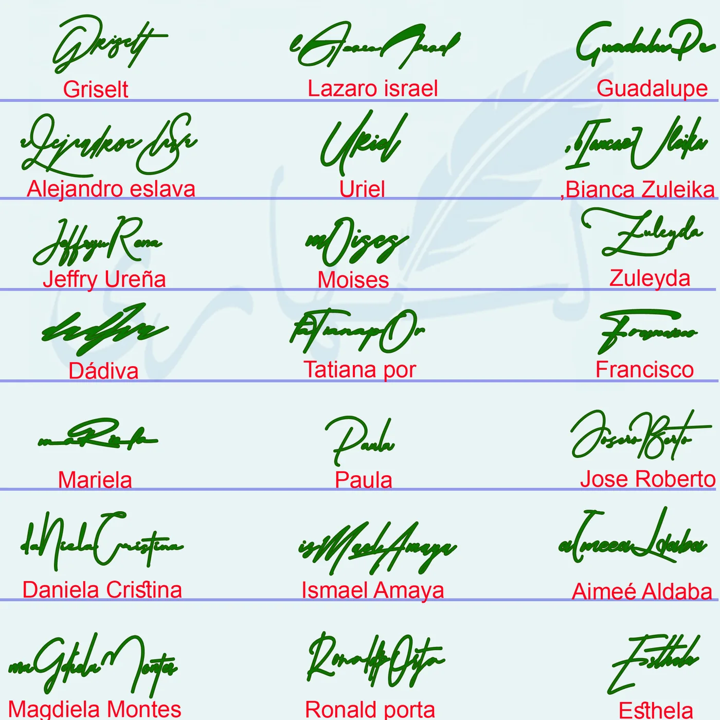 Collage of 21 handwritten name signature examples in green