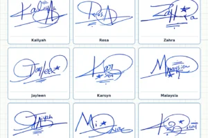 Portrait grid collage with 13 handwritten signature examples for Remy, Chaya, Haley, Kaliyah, Rosa and more names
