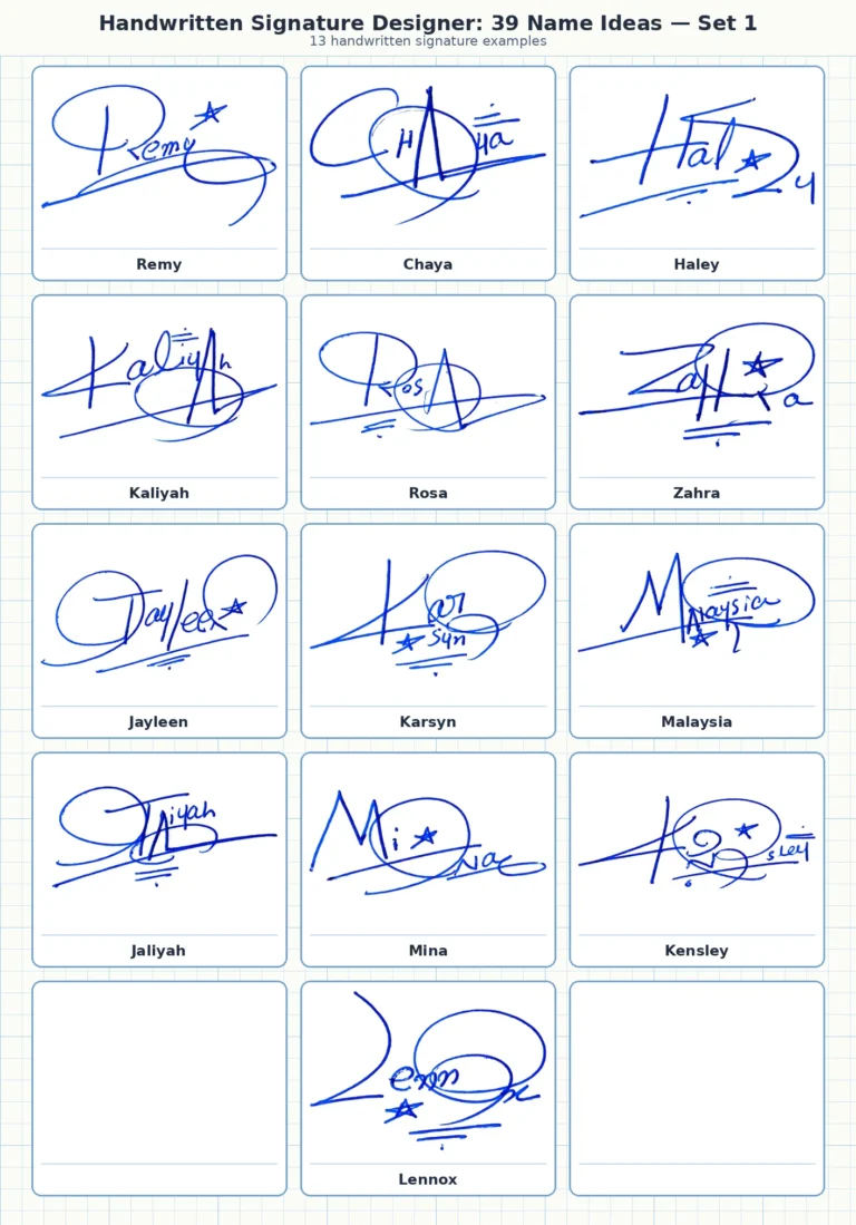 Portrait grid collage with 13 handwritten signature examples for Remy, Chaya, Haley, Kaliyah, Rosa and more names