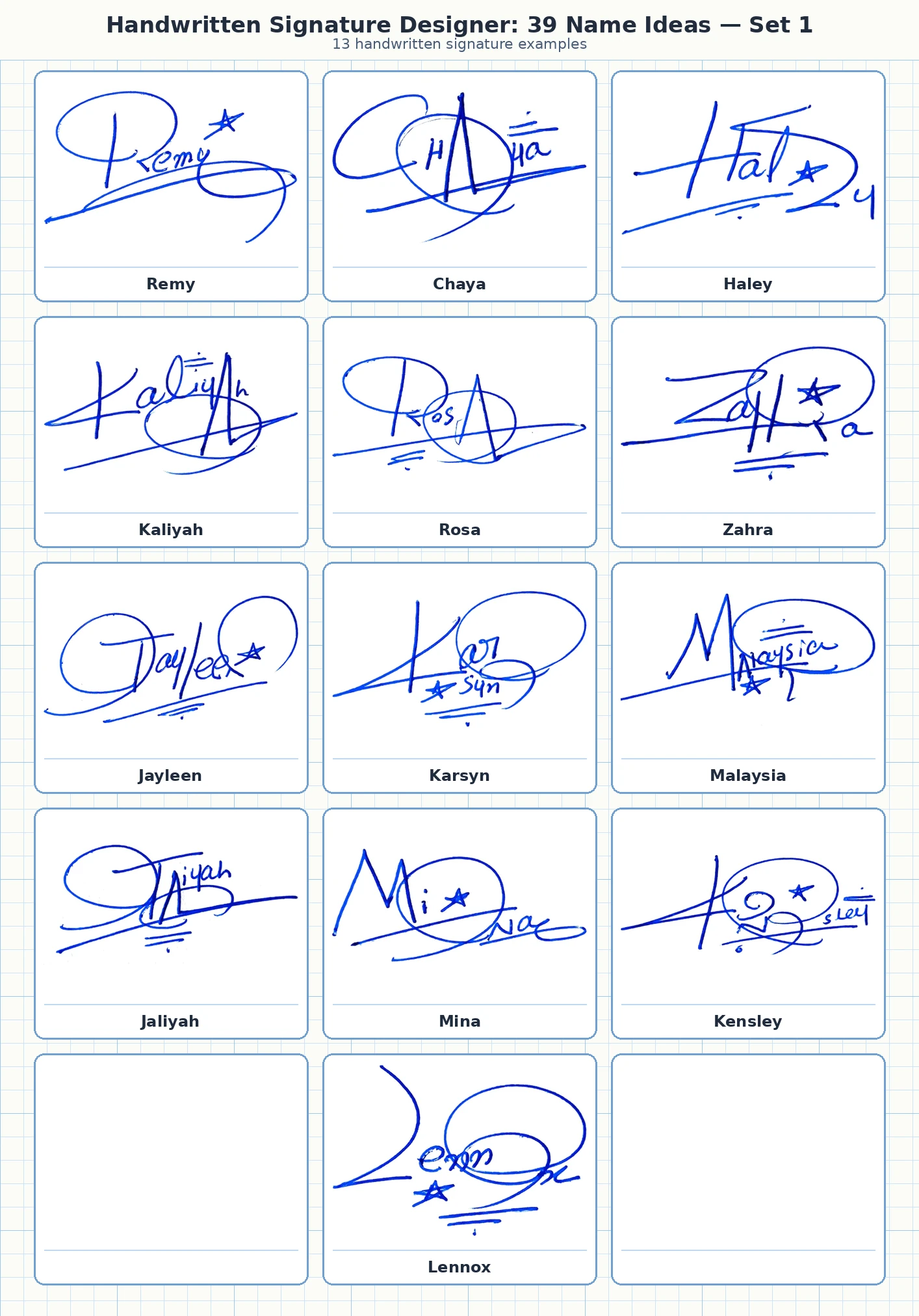 13 handwritten signature designer examples for Remy, Chaya, Haley, Kaliyah and more names