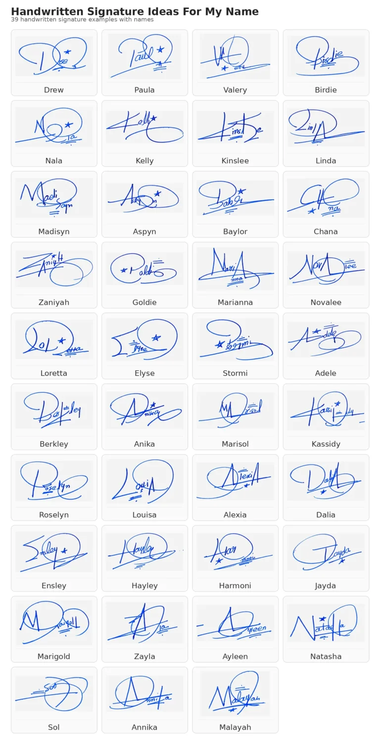39 handwritten signature examples in a portrait grid collage with names under each signature