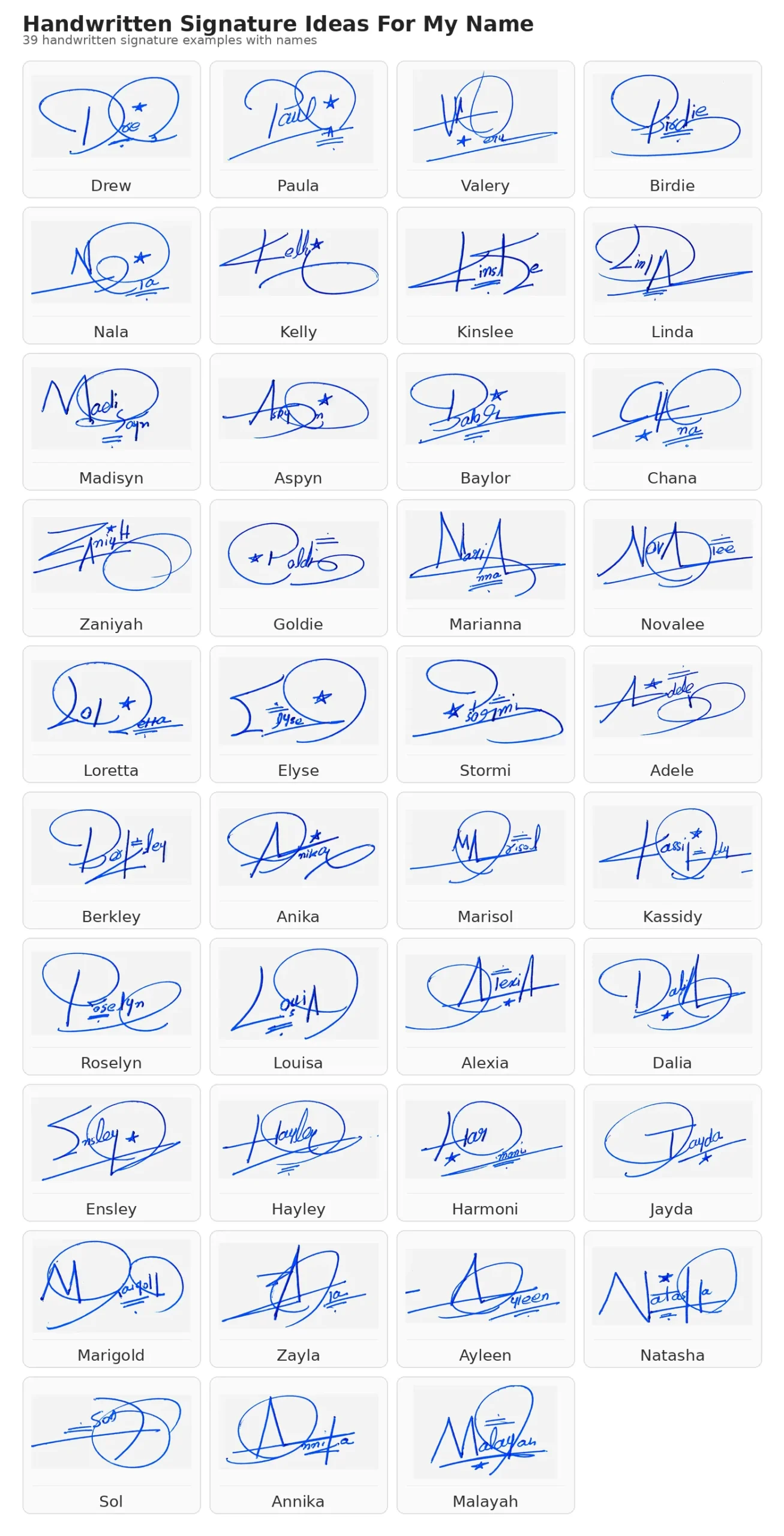 Portrait grid collage with 13 handwritten signature examples for Drew, Paula, Valery, Birdie, Nala and more names