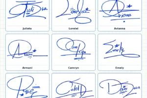Portrait grid collage with 13 handwritten signature examples for Allie, Helena, Lorelai, Julieta, Lorelei and more names