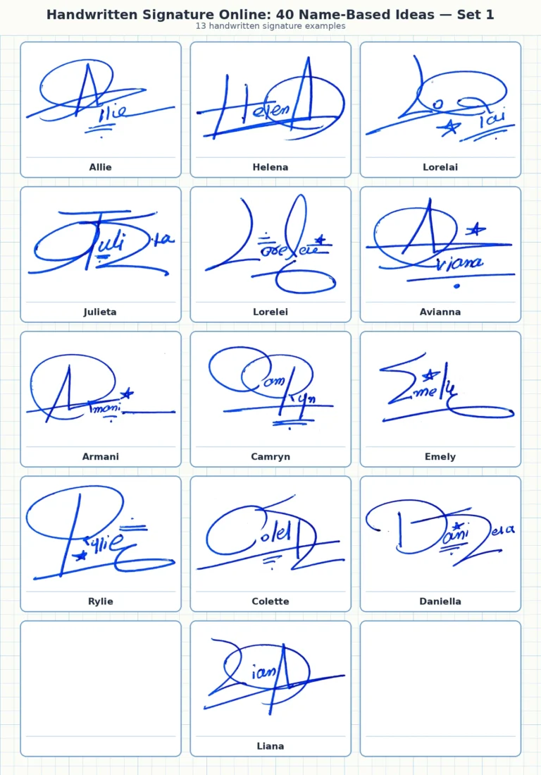Portrait grid collage with 13 handwritten signature examples for Allie, Helena, Lorelai, Julieta, Lorelei and more names