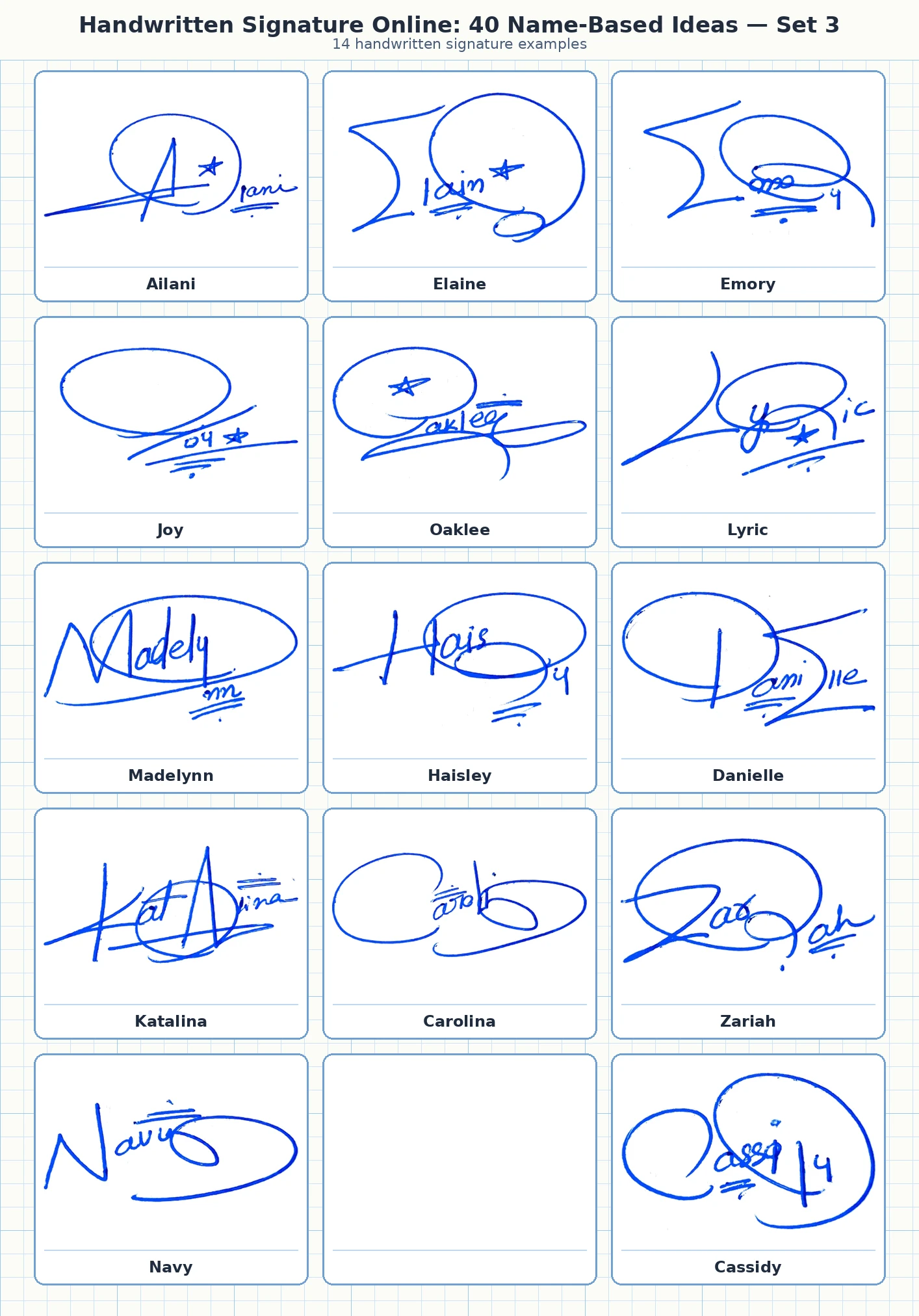 14 handwritten signature examples for Ailani, Elaine, Emory, Joy and more names
