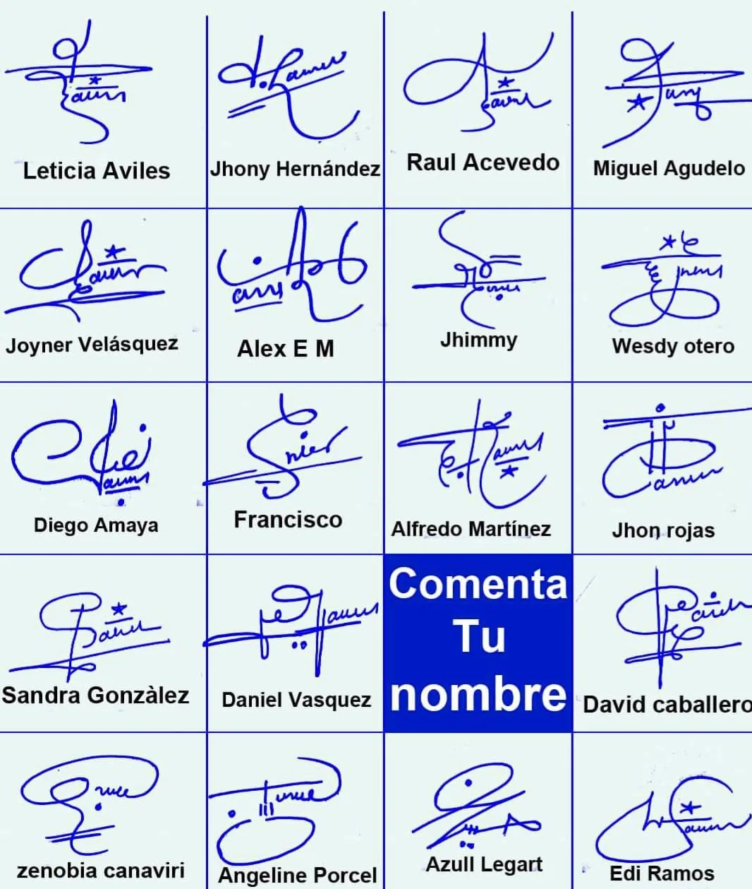 Collage of 19 handwritten examples used to explain how to create a signature
