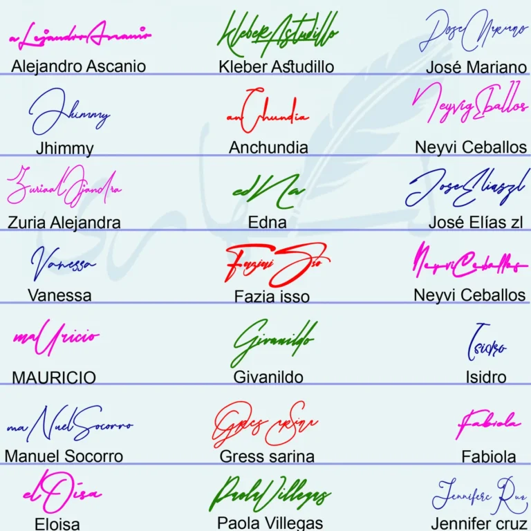 Collage of 21 new signature ideas in colorful handwritten styles