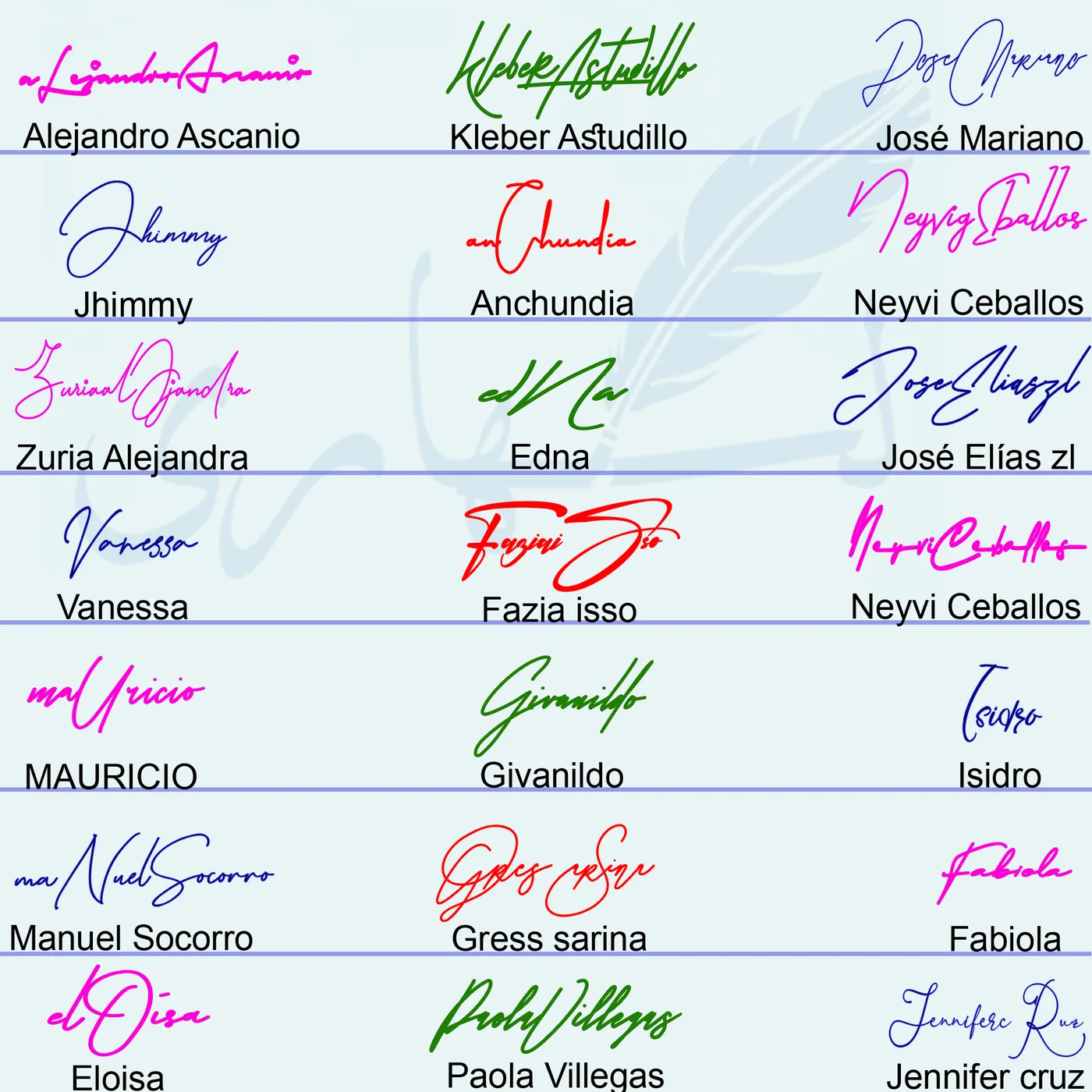 Collage of 21 new signature ideas in colorful handwritten styles