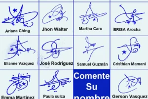 Collage of 19 online name signature ideas drawn in blue ink