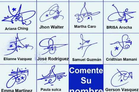 Collage of 19 online name signature ideas drawn in blue ink