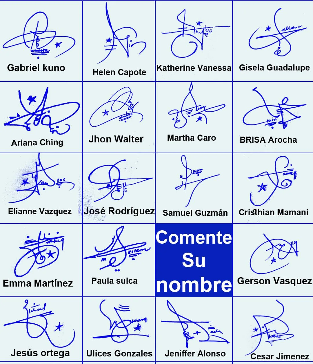Collage of 19 online name signature ideas drawn in blue ink