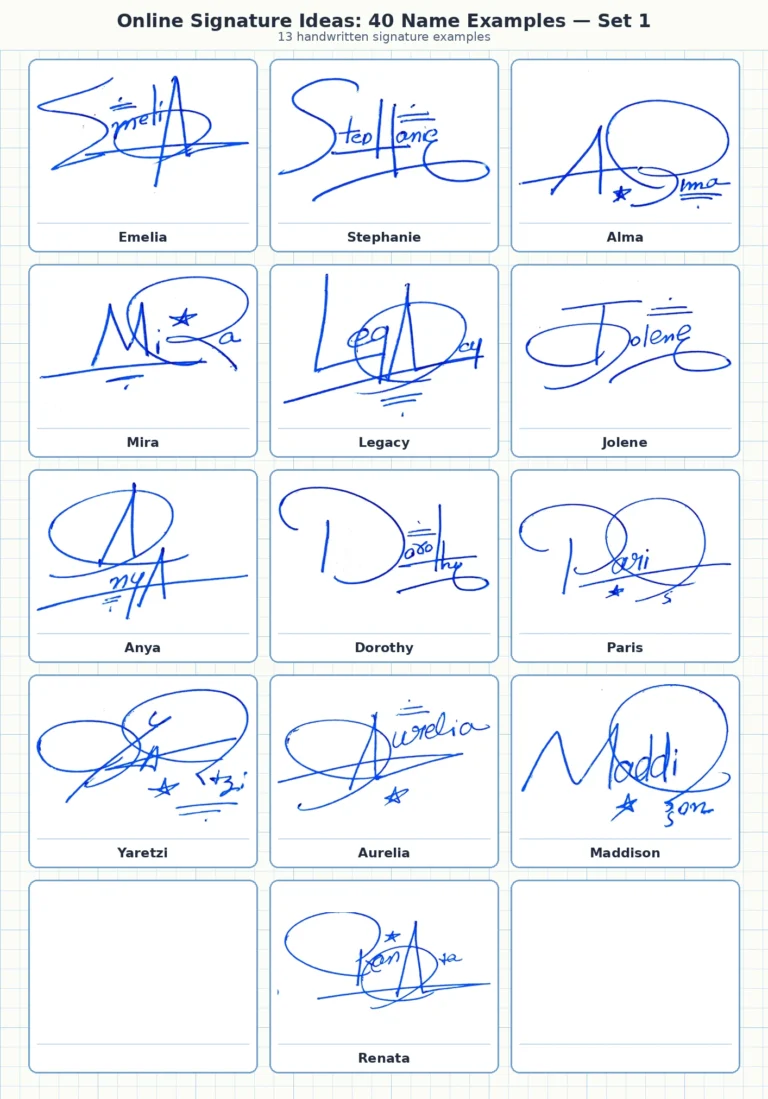 Portrait grid collage with 13 handwritten signature examples for Emelia, Stephanie, Alma, Mira, Legacy and more names