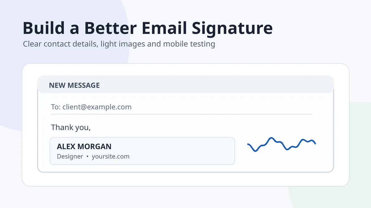 Illustration of a clean professional email signature with text and a small handwritten mark