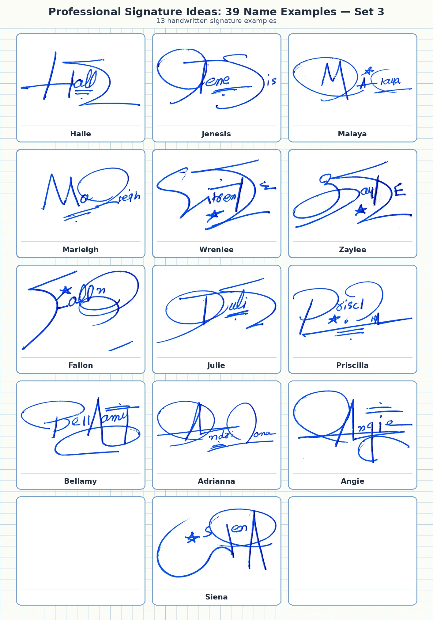 Portrait grid collage with 13 handwritten signature examples for Halle, Jenesis, Malaya, Marleigh, Wrenlee and more names