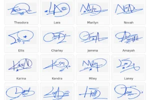 39 handwritten signature examples in a portrait grid collage with names under each signature