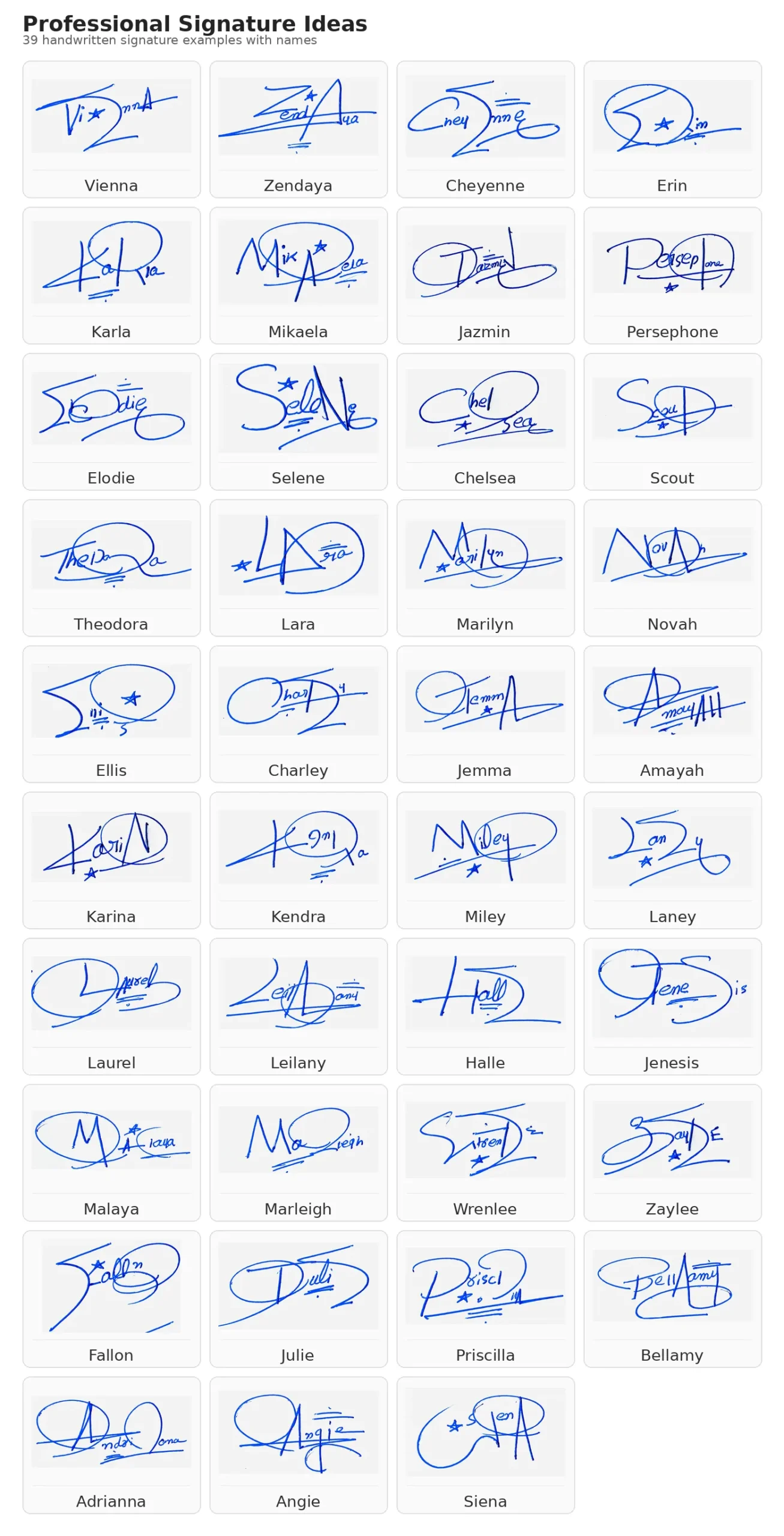 Portrait grid collage with 13 handwritten signature examples for Vienna, Zendaya, Cheyenne, Erin, Karla and more names