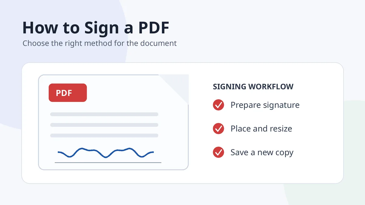 Illustration showing how to sign a PDF document with a signature image and secure workflow
