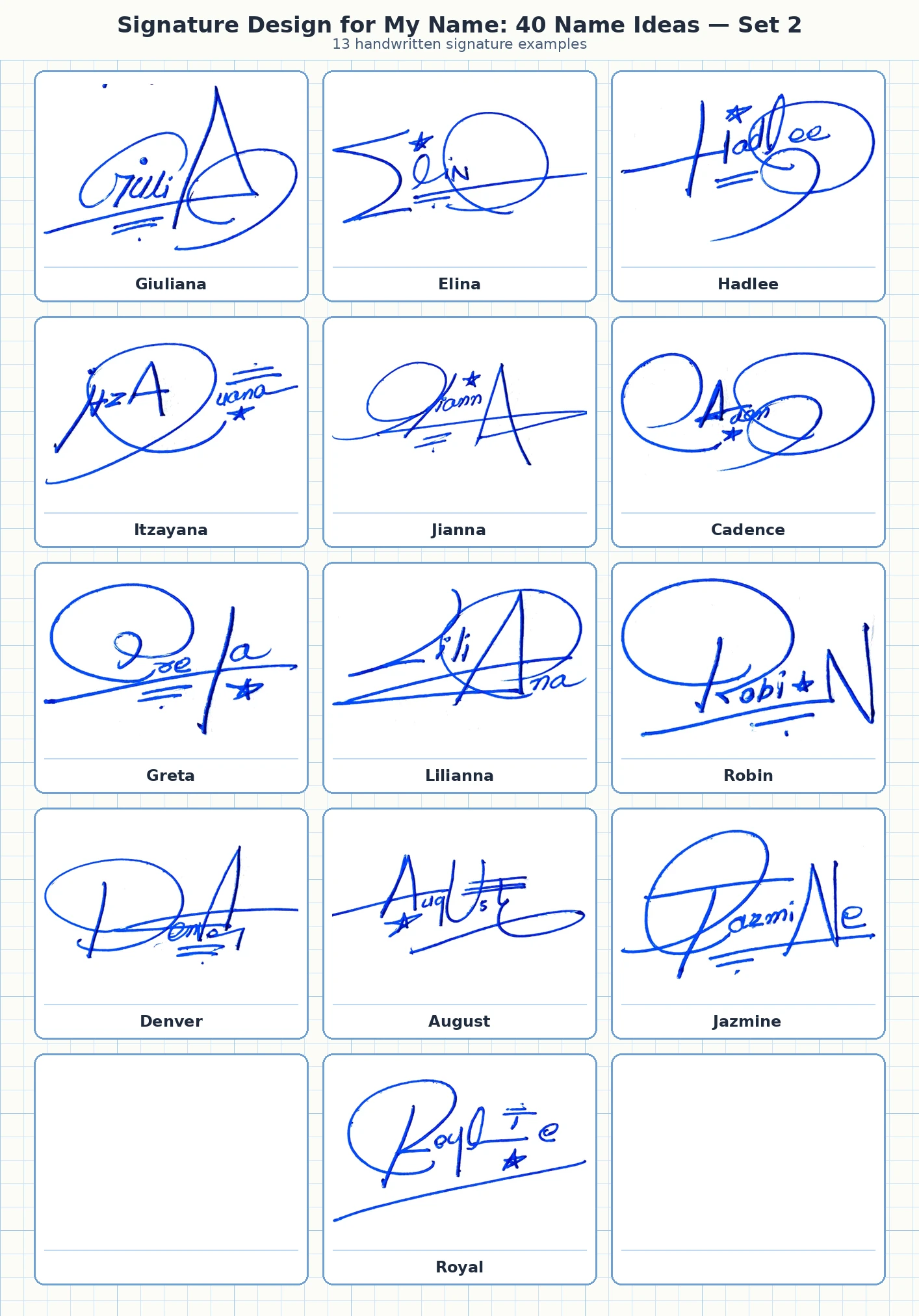 13 signature design for my name examples for Elina, Hadlee, Itzayana, Jianna and more names