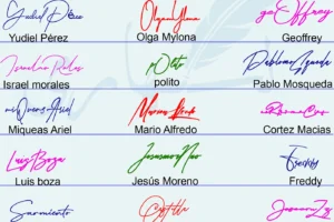 Collage of 21 handwritten name signature examples with initials, loops and underlines