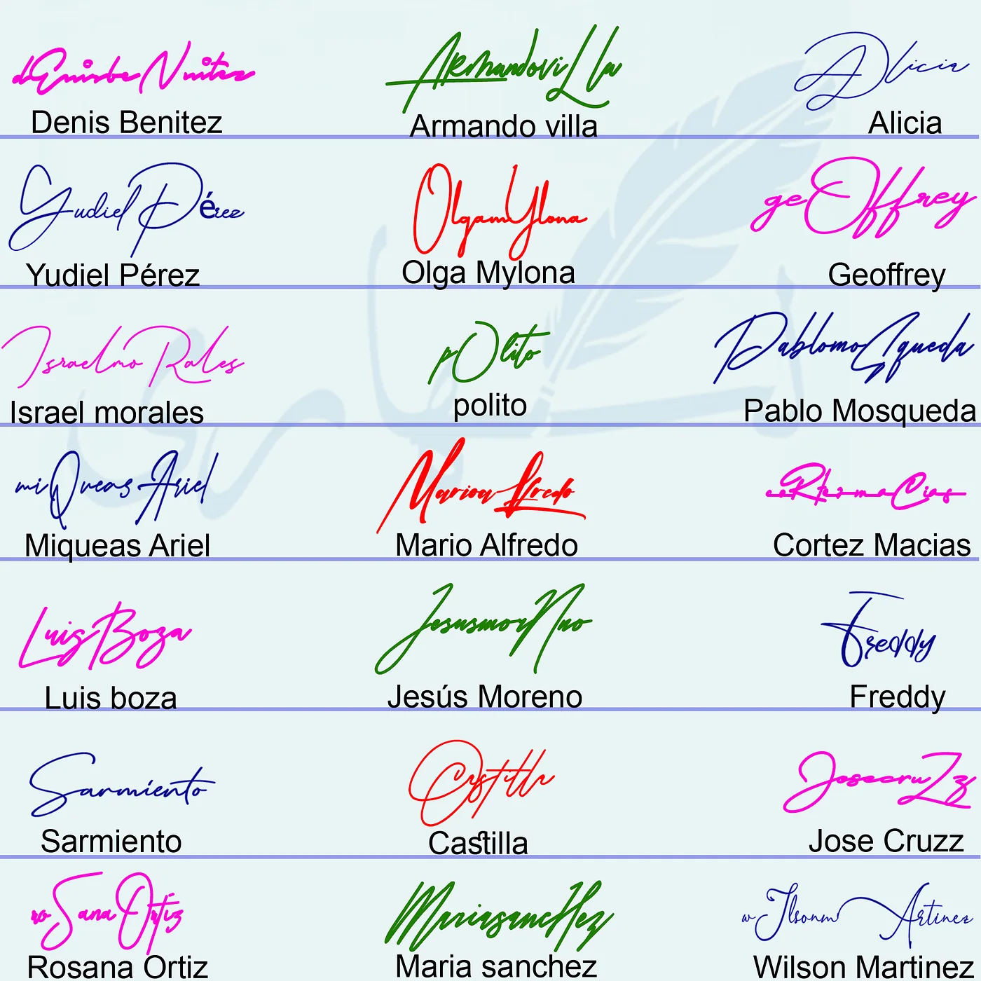 Collage of 21 handwritten name signature examples with initials, loops and underlines