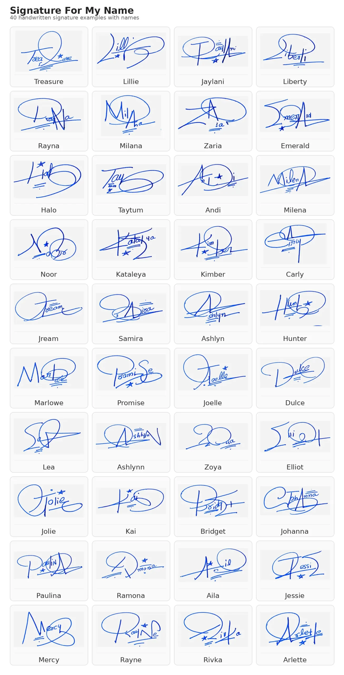 Portrait grid collage with 13 handwritten signature examples for Treasure, Lillie, Jaylani, Liberty, Rayna and more names
