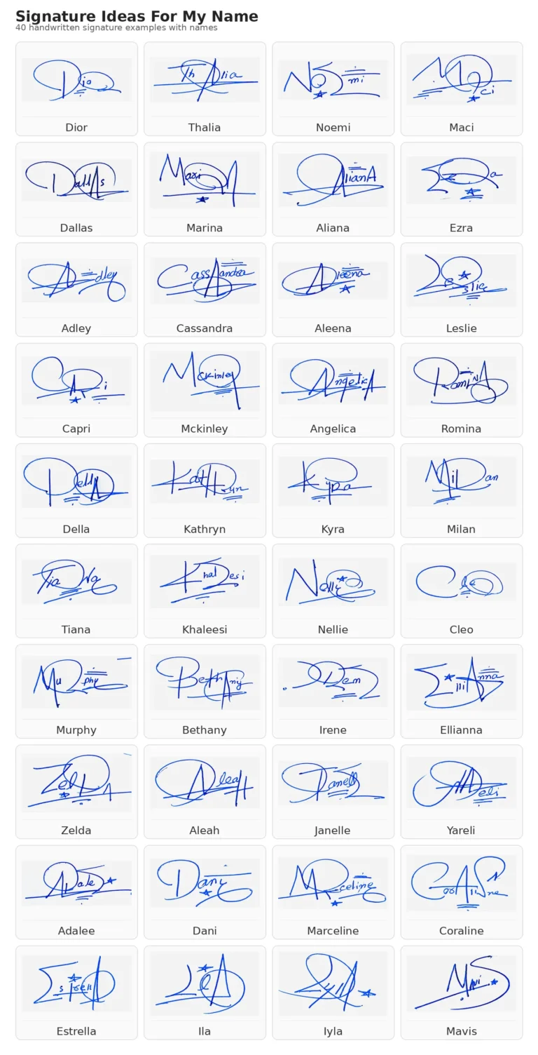 40 handwritten signature examples in a portrait grid collage with names under each signature