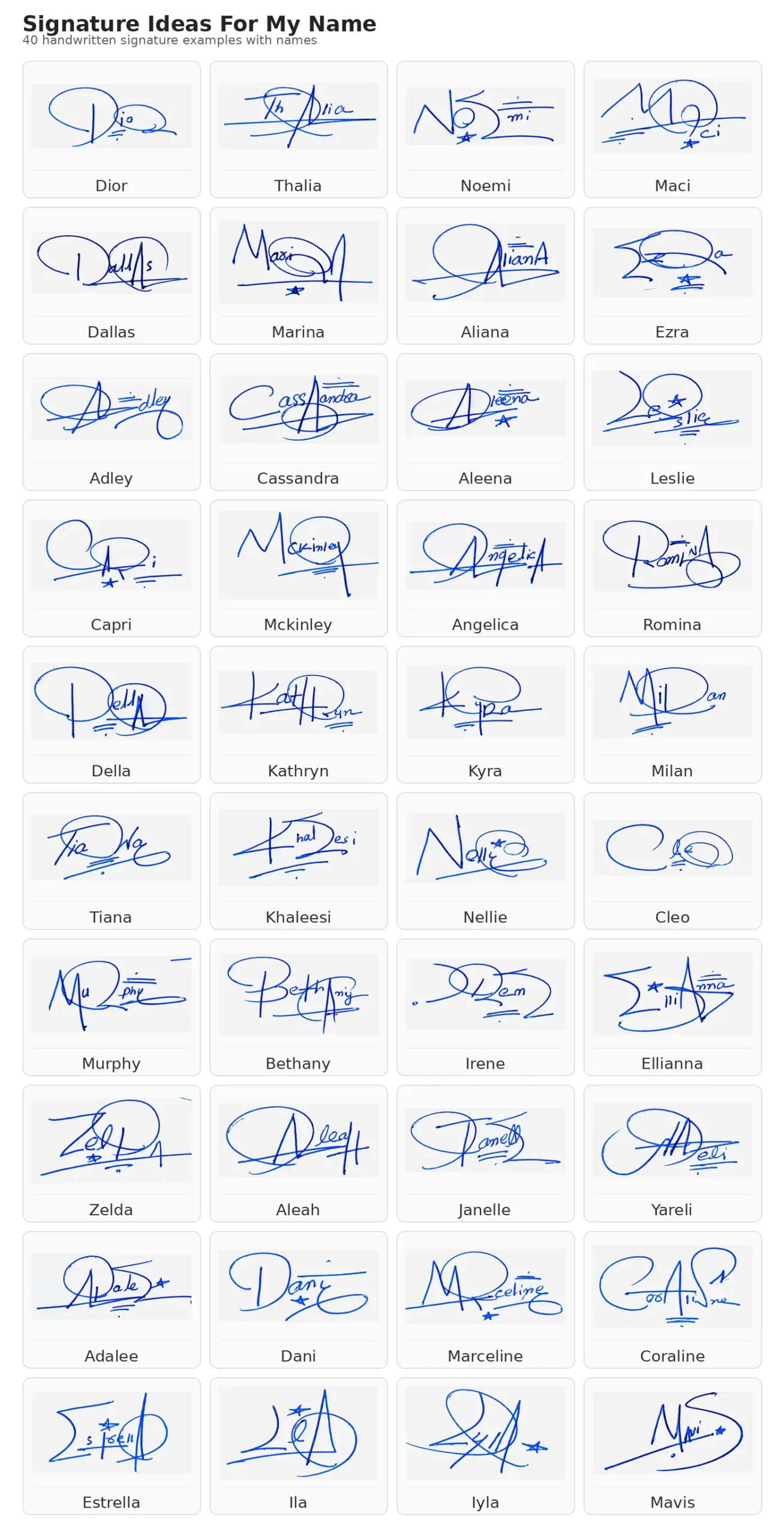 Portrait grid collage with 13 handwritten signature examples for Dior, Thalia, Noemi, Maci, Dallas and more names