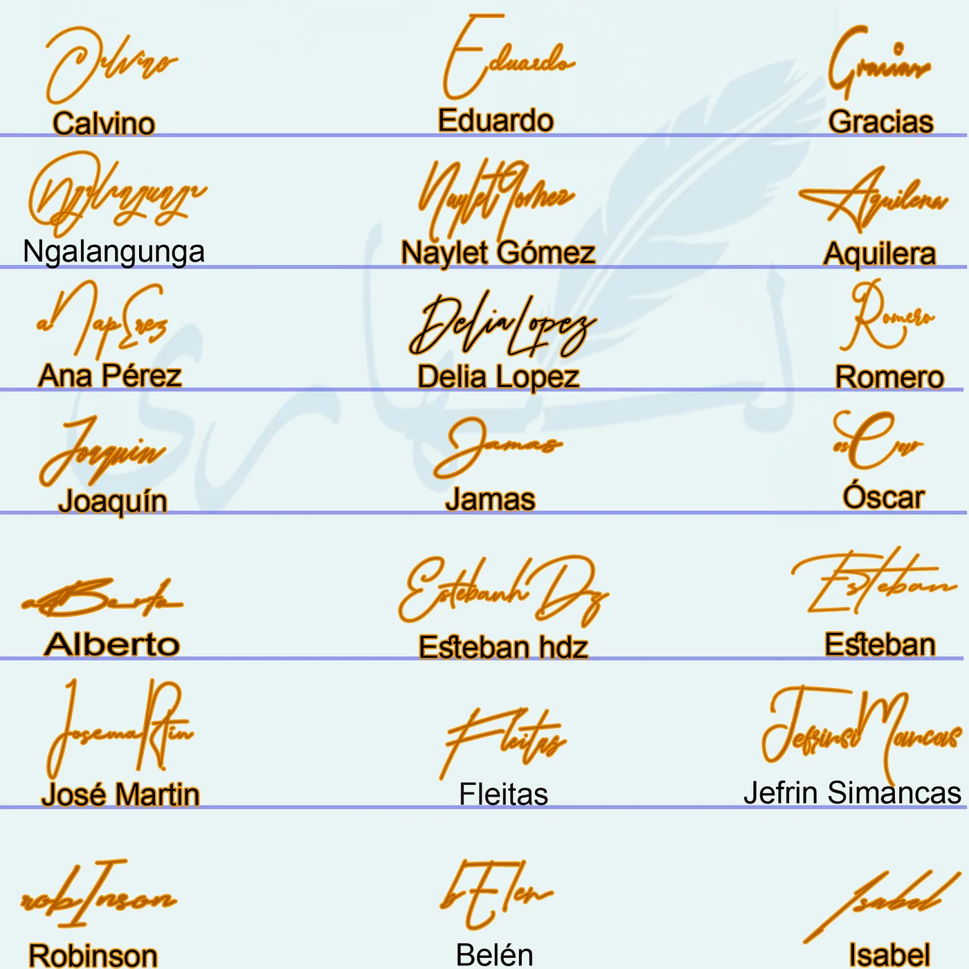 Collage of 21 signature in handwriting examples for short and full names