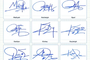 Portrait grid collage with 13 handwritten signature examples for Kennedi, Angel, Cecelia, Maliyah, Oakleigh and more names
