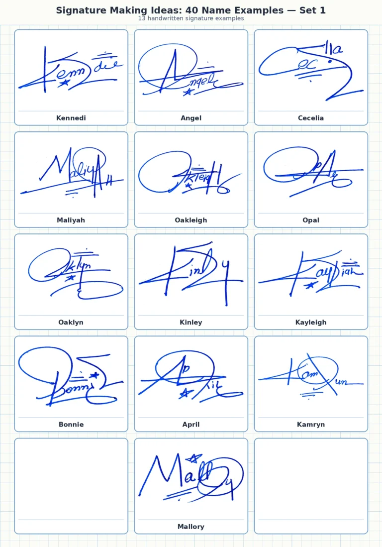 Portrait grid collage with 13 handwritten signature examples for Kennedi, Angel, Cecelia, Maliyah, Oakleigh and more names