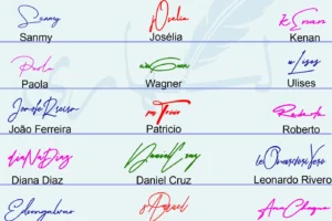 Collage of 21 signature styles for names written in English letters