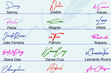 Collage of 21 signature styles for names written in English letters