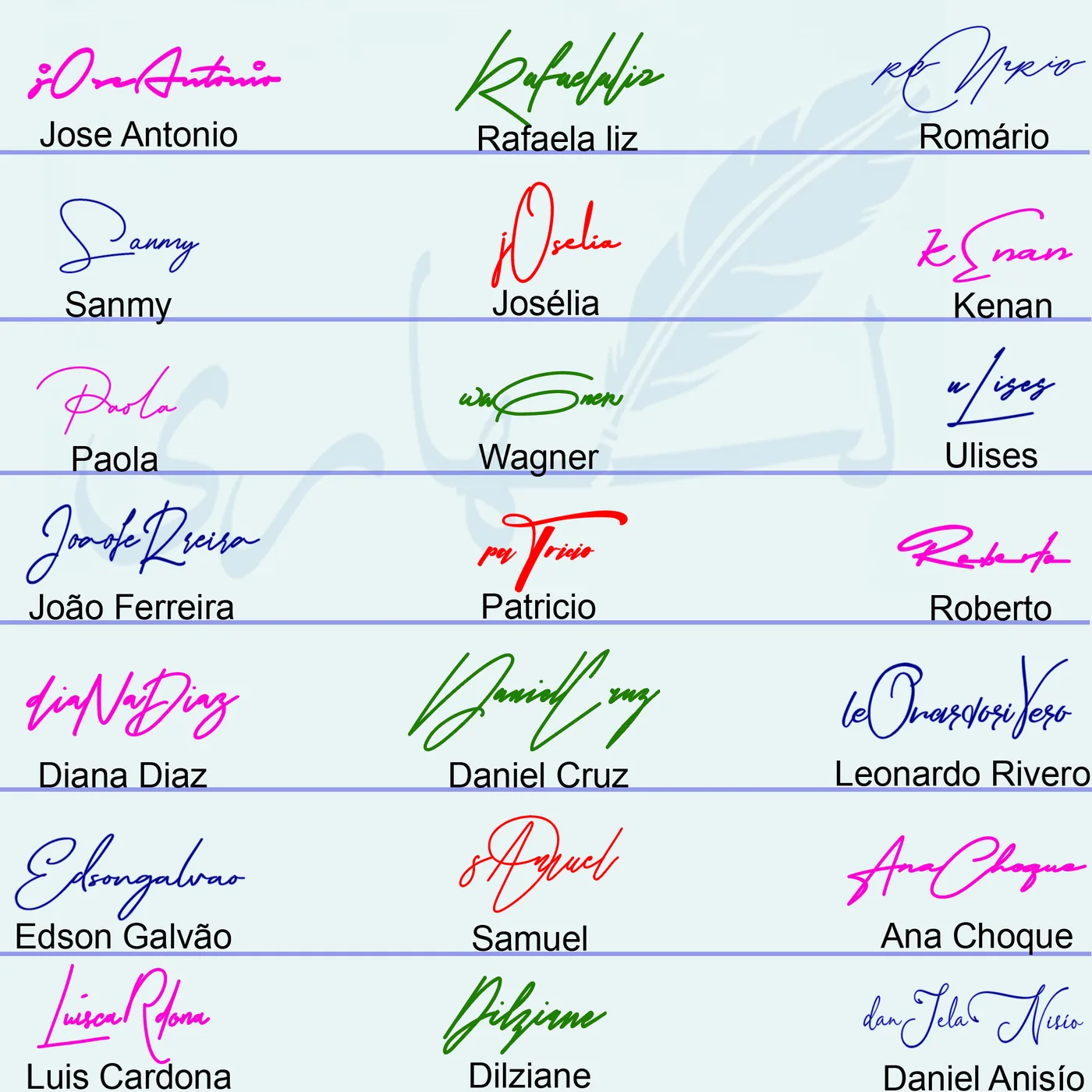 Collage of 21 signature styles for names written in English letters