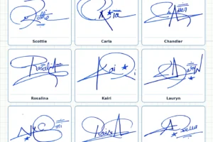 Portrait grid collage with 13 handwritten signature examples for Set 4 of 1, Simone, Layne, Scottie, Carla and more names