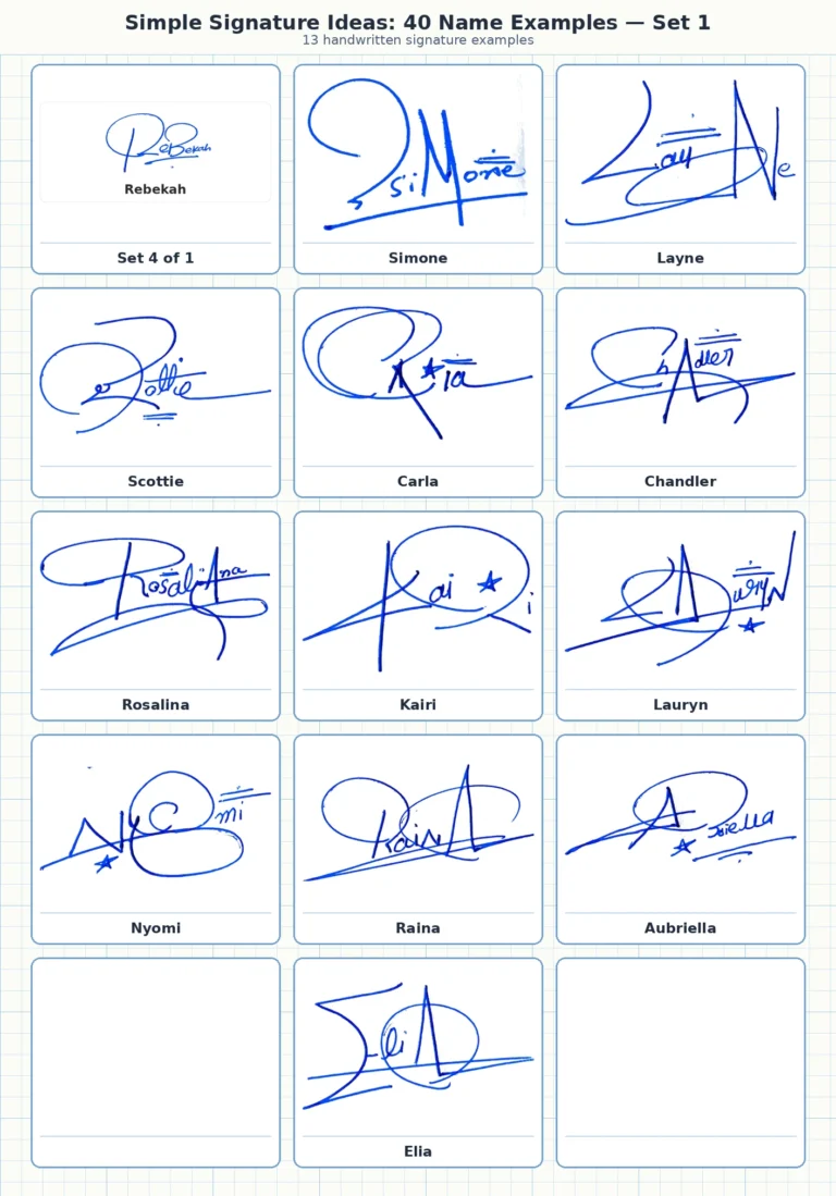 Portrait grid collage with 13 handwritten signature examples for Set 4 of 1, Simone, Layne, Scottie, Carla and more names