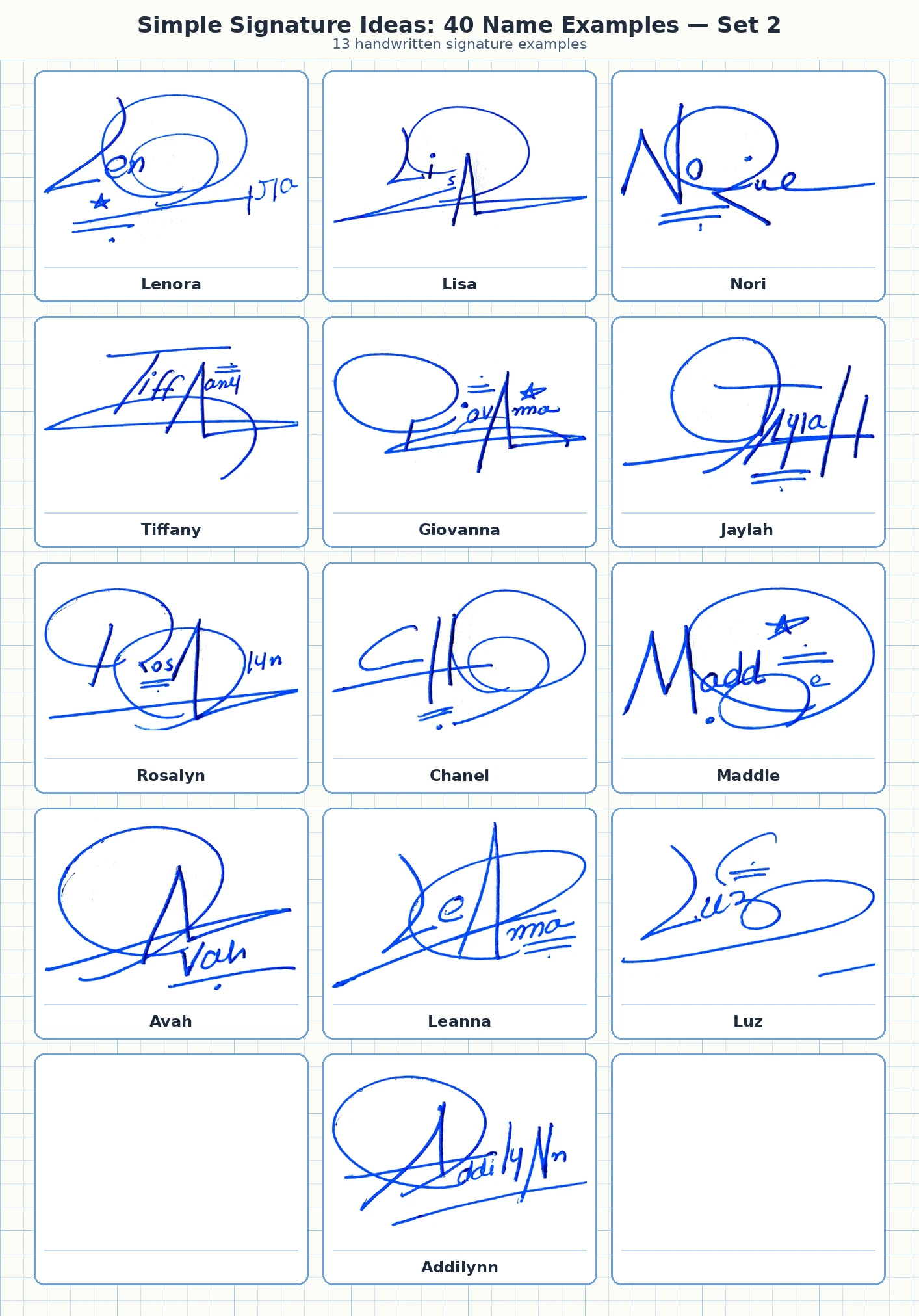 13 simple signature ideas examples for Lisa, Nori, Tiffany, Giovanna and more names