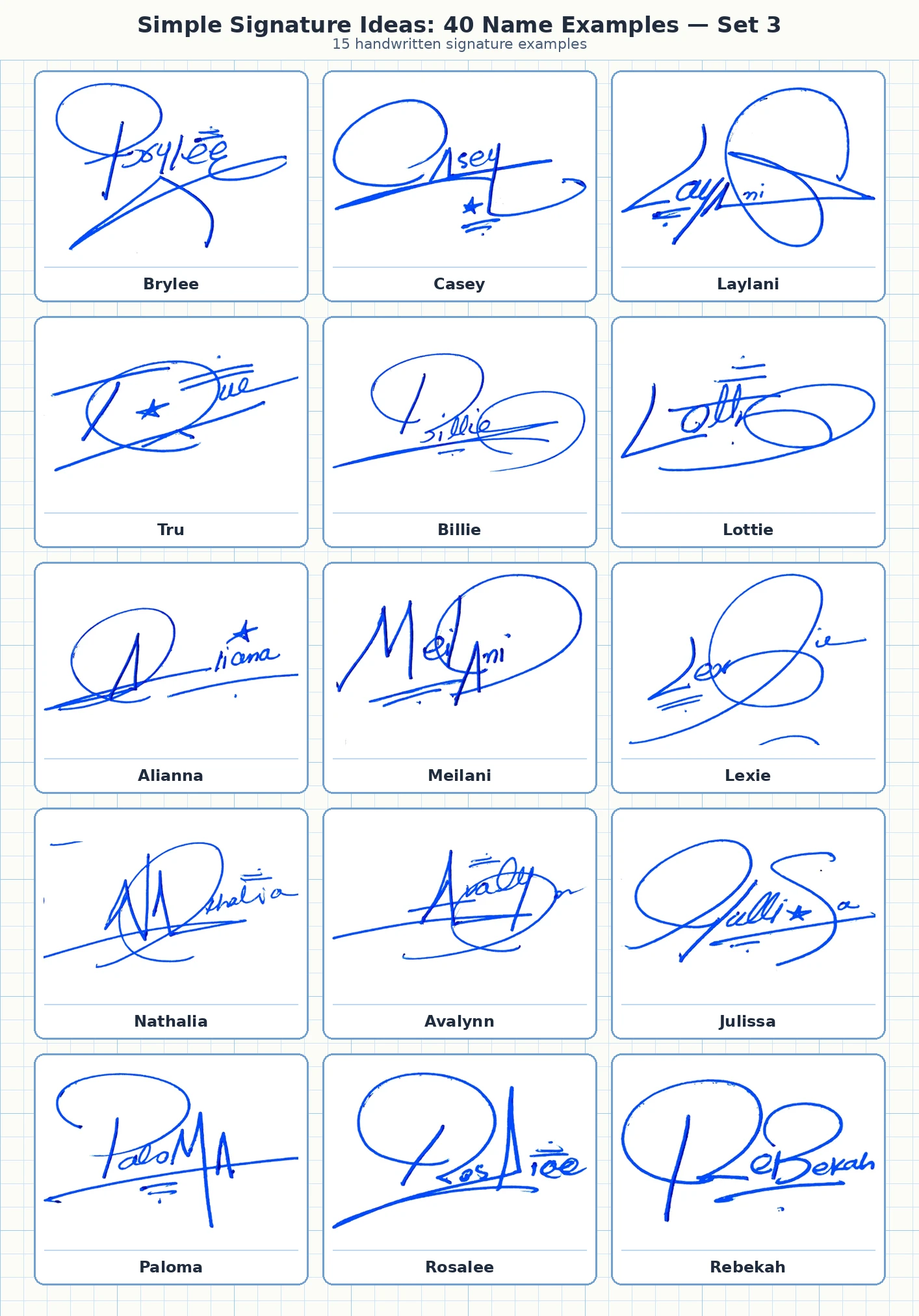 13 simple signature ideas examples for Casey, Laylani, Tru, Billie and more names