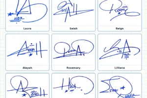Portrait grid collage with 13 handwritten signature examples for Demi, Alexis, Everlee, Laura, Selah and more names