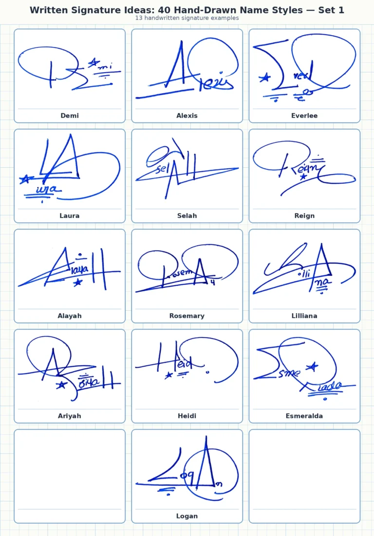 Portrait grid collage with 13 handwritten signature examples for Demi, Alexis, Everlee, Laura, Selah and more names