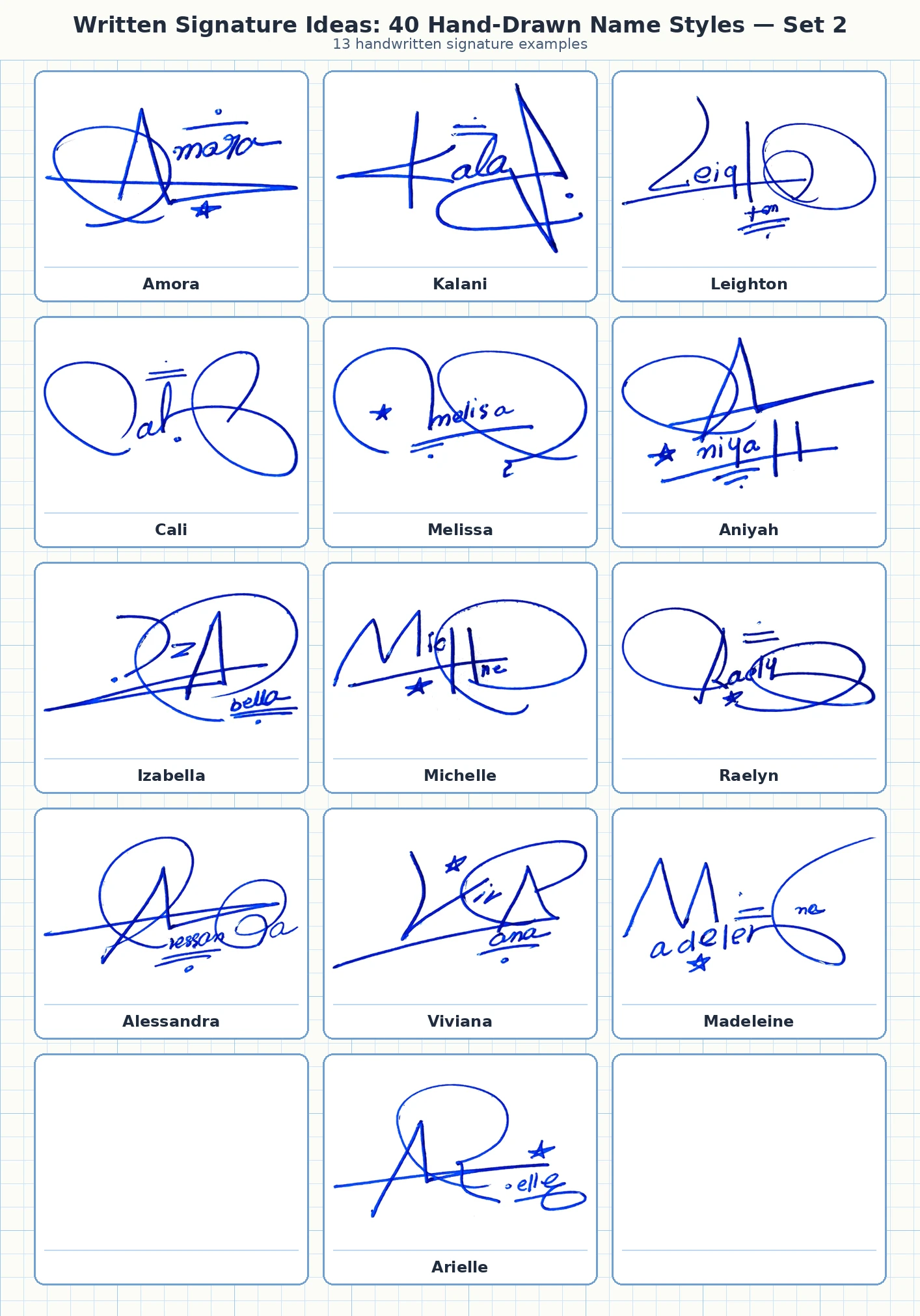 13 handwritten signature examples for Amora, Kalani, Leighton, Cali and more names