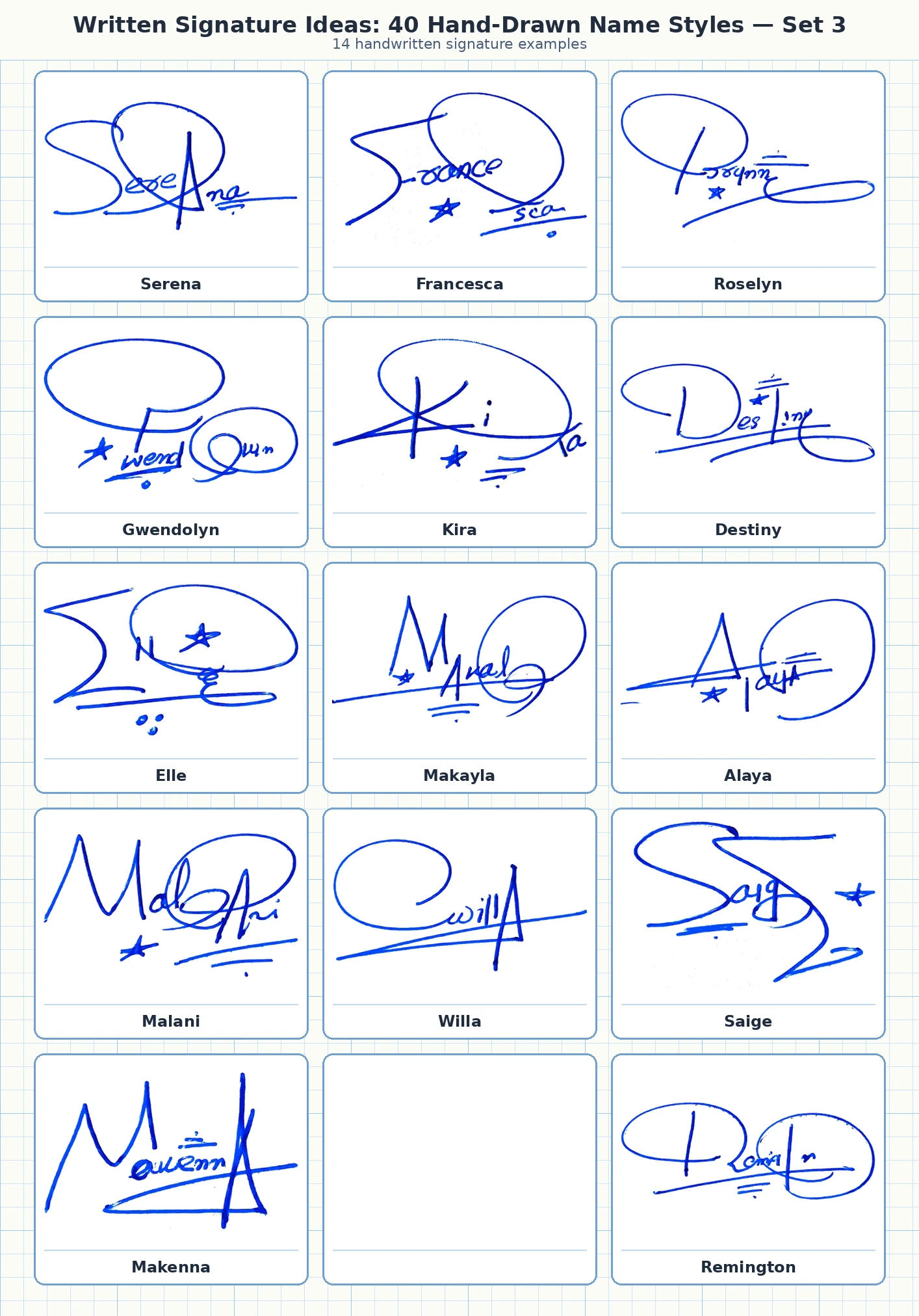 14 handwritten signature examples for Serena, Francesca, Roselyn, Gwendolyn and more names